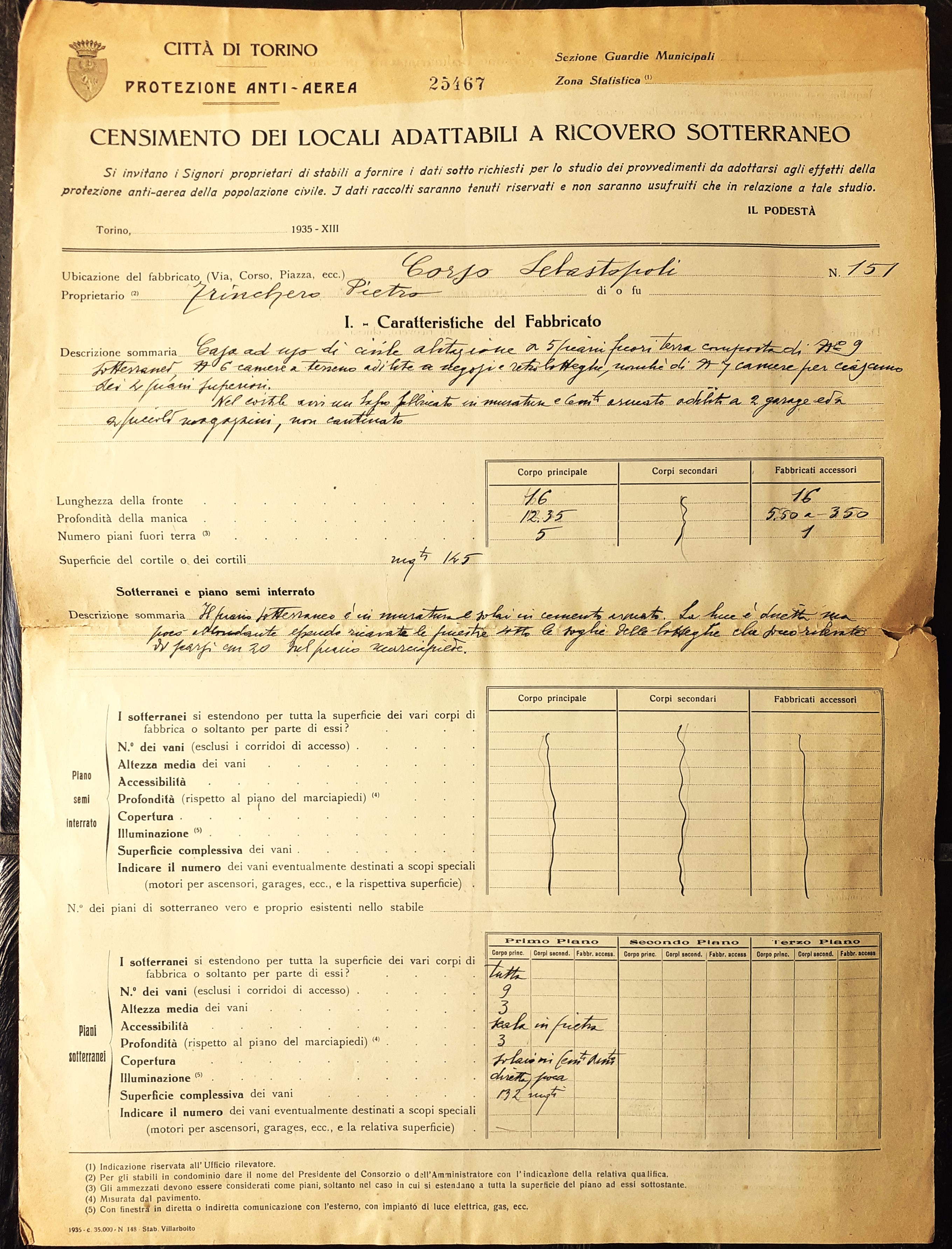 Censimento locali adattabili a ricovero sotterraneo Torino 1935 Protezione anti-aerea