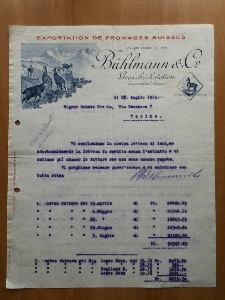 Certificato/Certificat original exportation Buhlmann &amp; Co Emmenthal Suisse 1915
