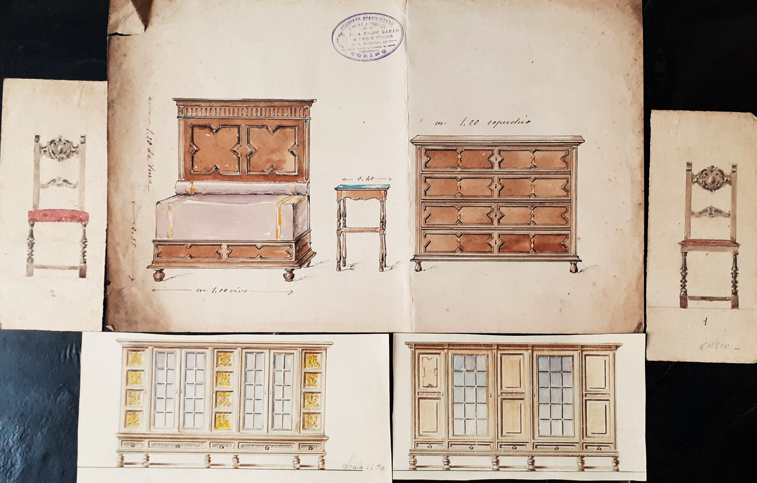 Cinque bozzetti di Emilio Treves Mobili d'arte Torino 1910 circa