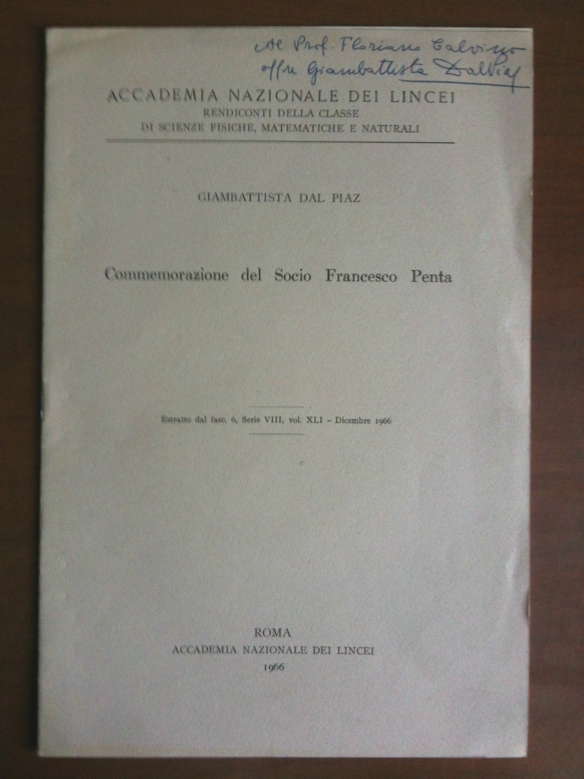 Comemorazione del socio Francesco Penta 1966