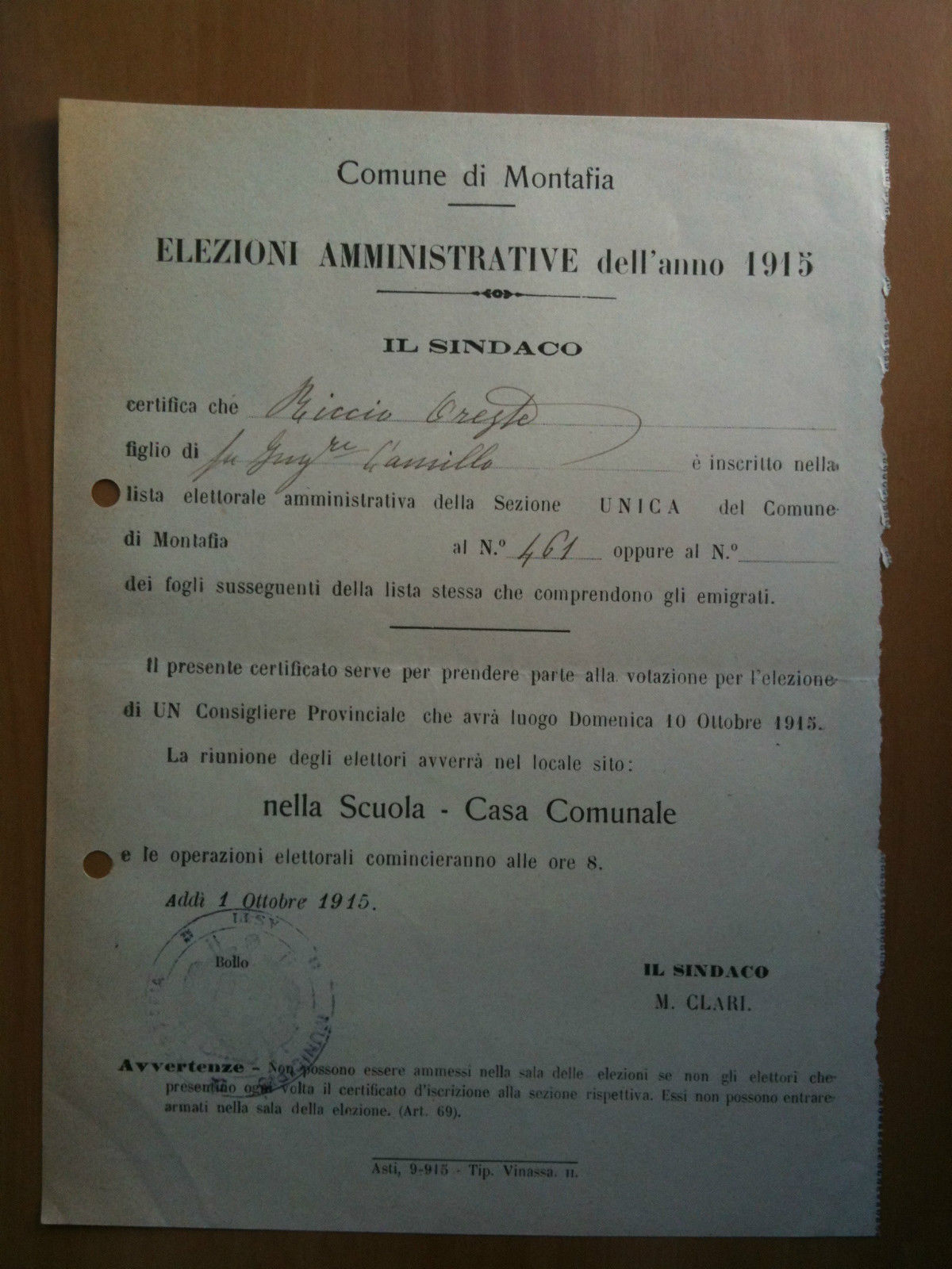 Comune di Montafia Elezioni Amministrative 1915