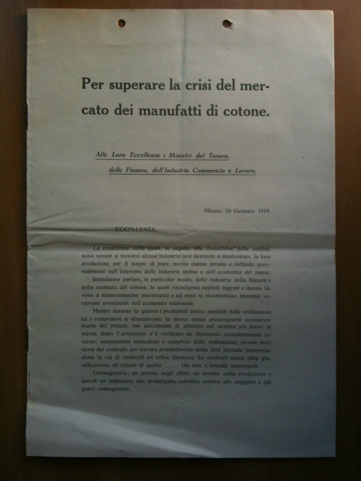 Consiglio Associazione Italiana Esportatori a Ministri Tesoro Finanze ecc 1919