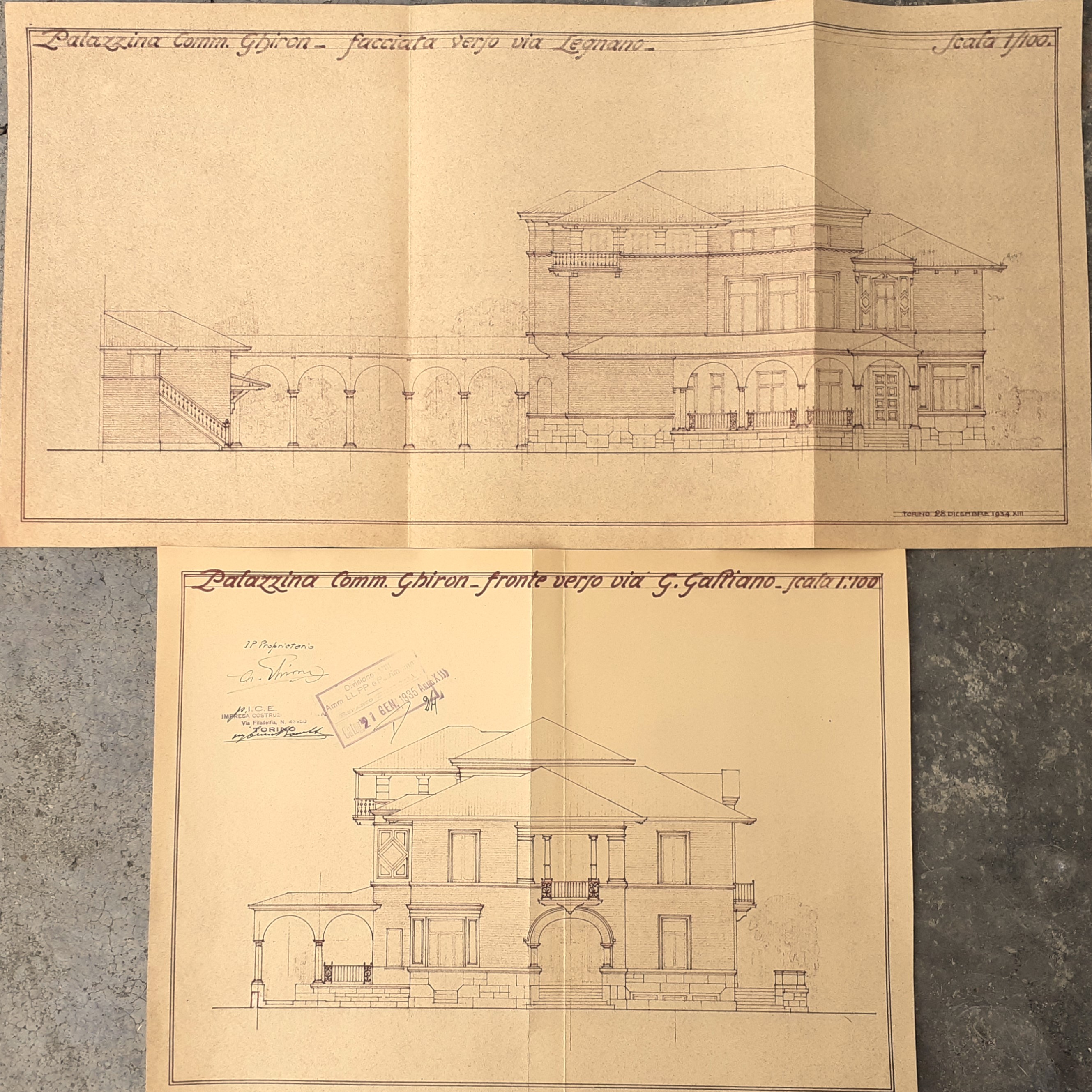 Stampa di due disegni del progetto architettonico della Palazzina Comm. …