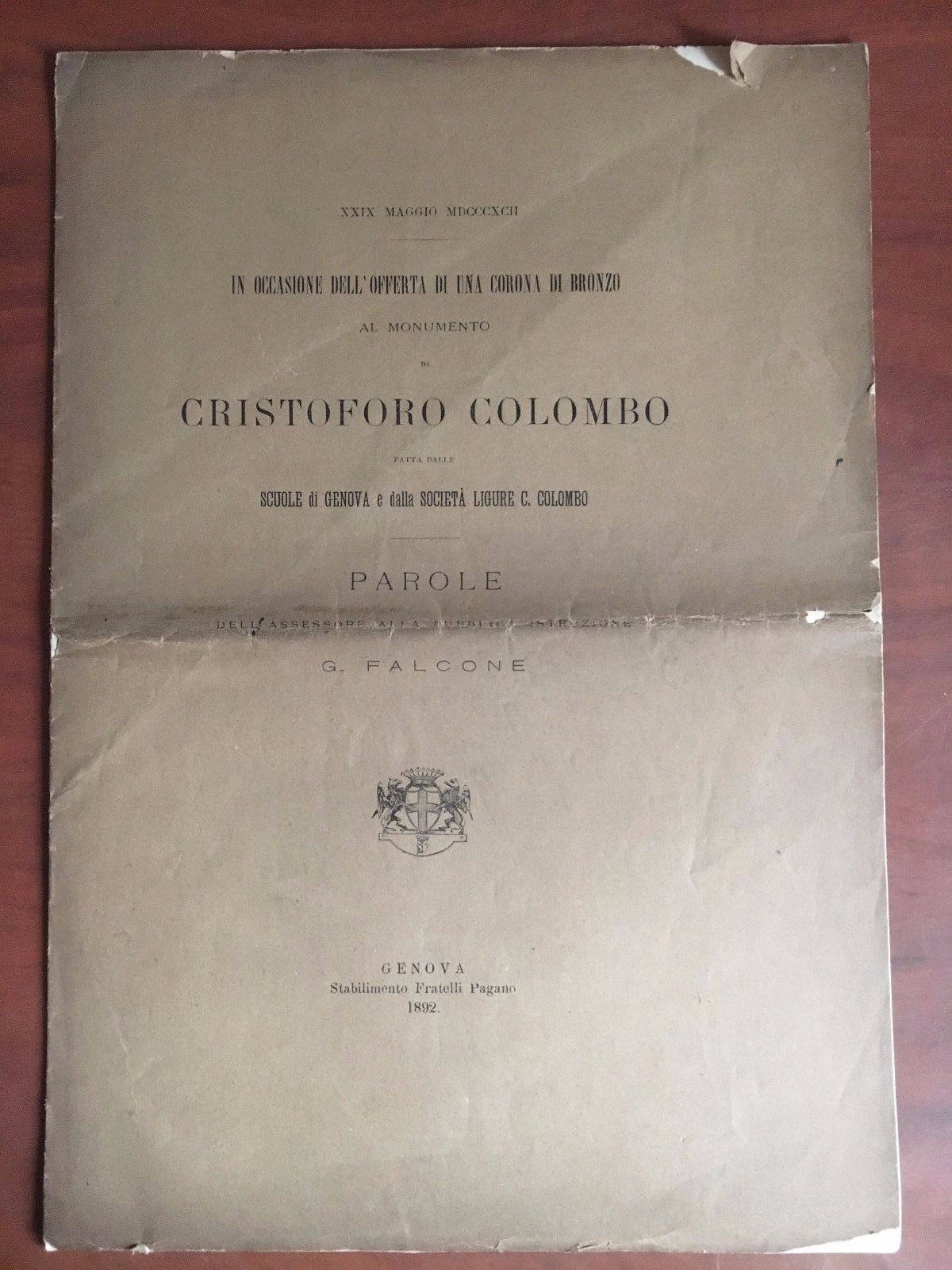 Cristoforo Colombo parole di G. Falcone per la corona bronzo …