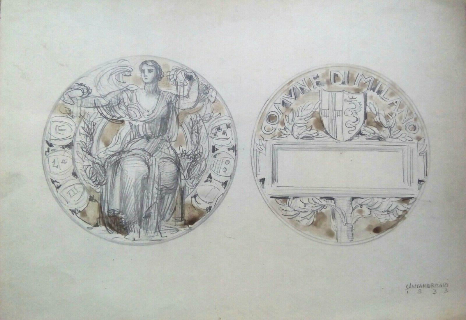 Diego SANTAMBROGIO bozzetto originale per medaglia Comune di Milano 1933