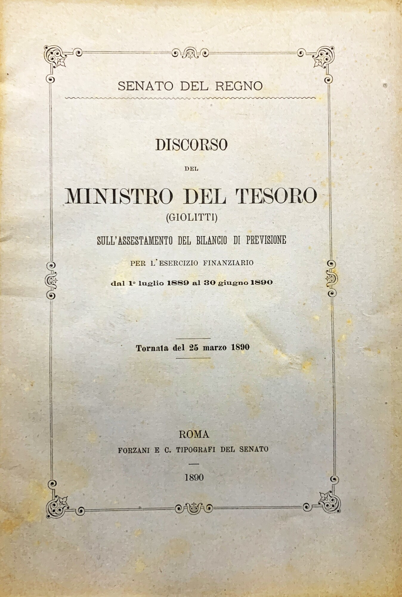 Discorso del Ministro del Tesoro (Giolitti) sull'assestamento del bilancio di …