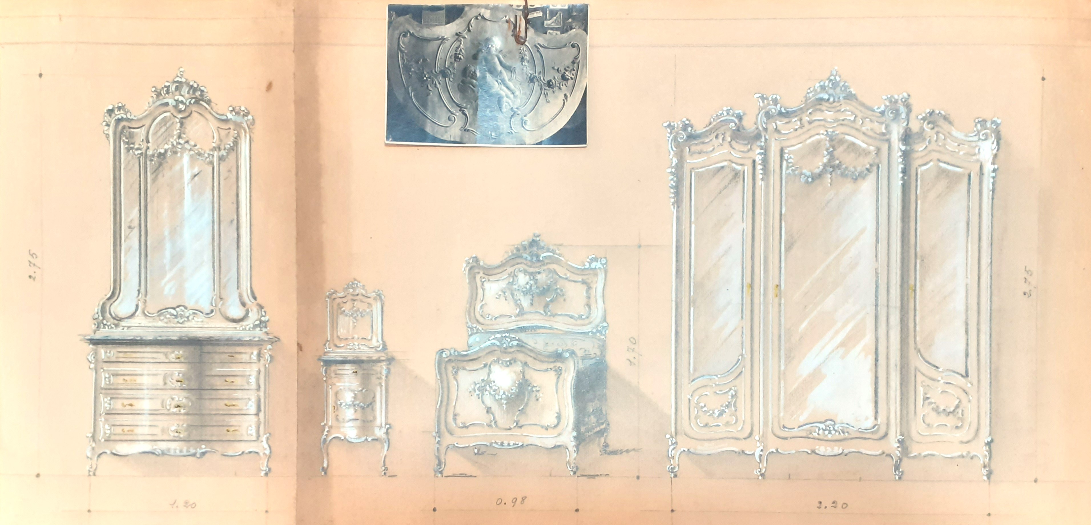 Disegno originale progetto mobili inizi '900