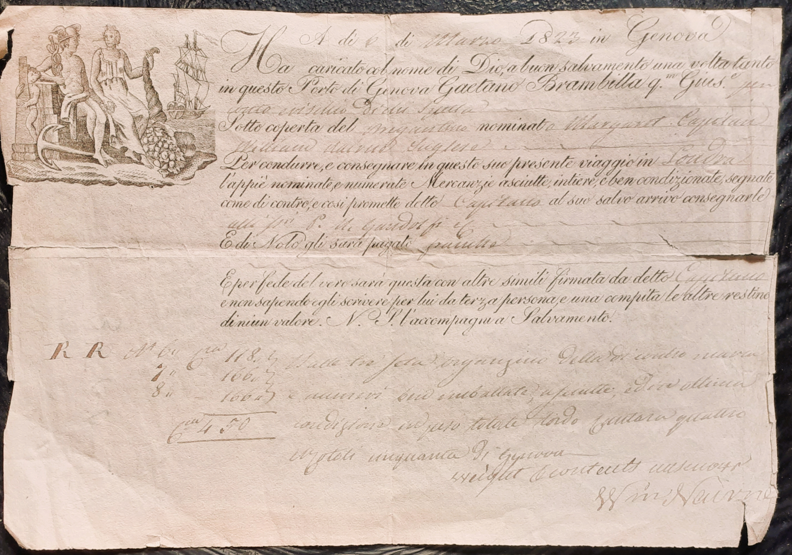 Documento d'imbaco Genova destinazione Londra su Brigantino, marzo 1823
