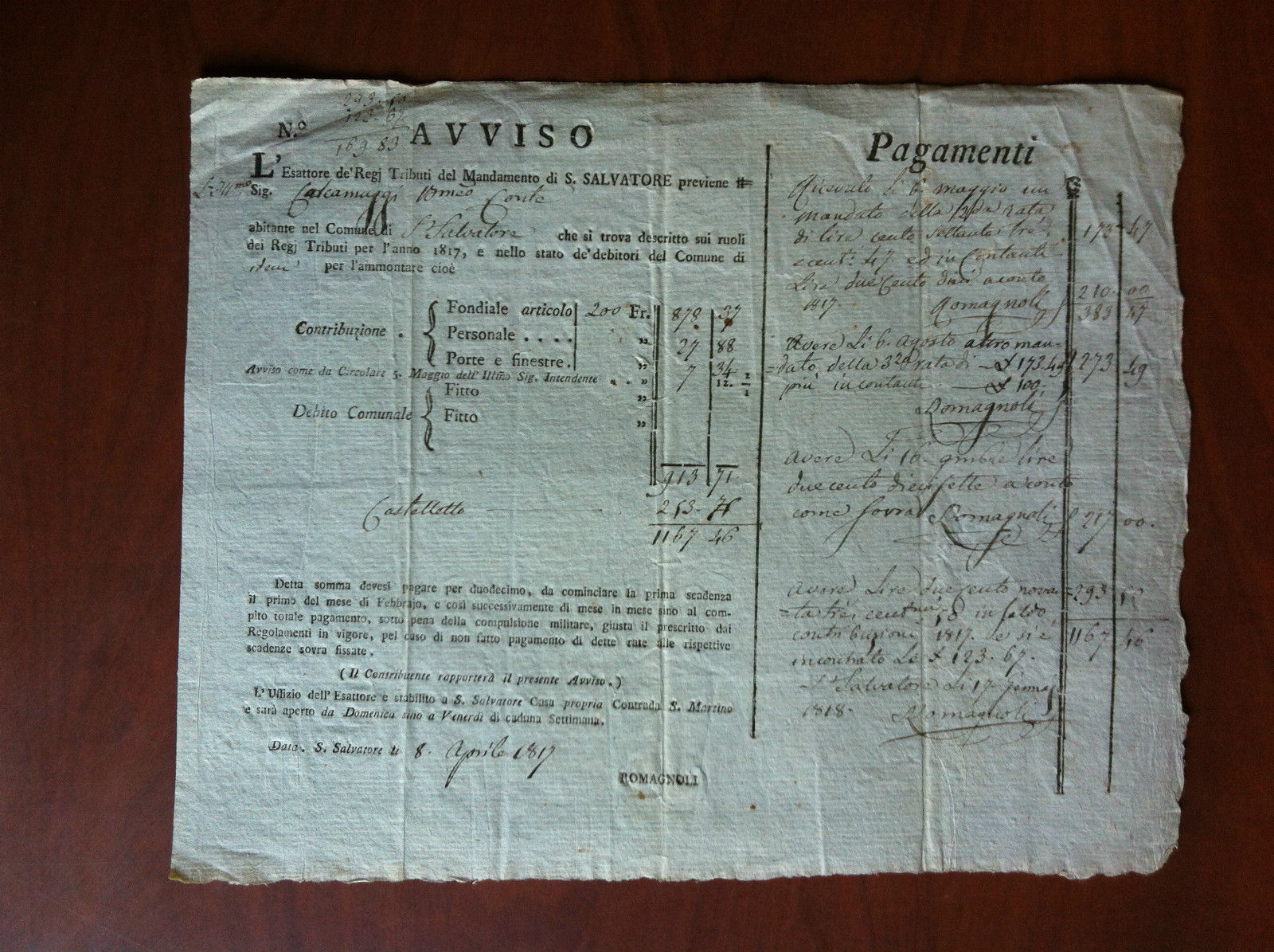 Documento originale 1817 Comune di S. Salvatore Avviso Pagamento E11443