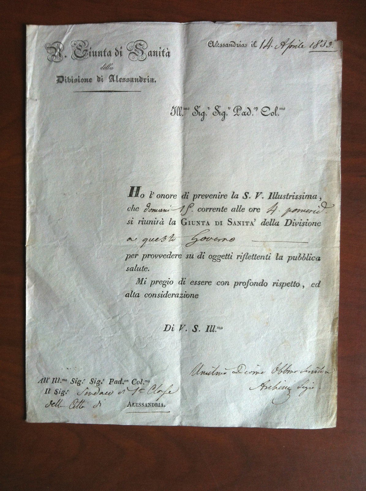 Documento originale 1833 Alessandria R. Giunta di Santità - E11159