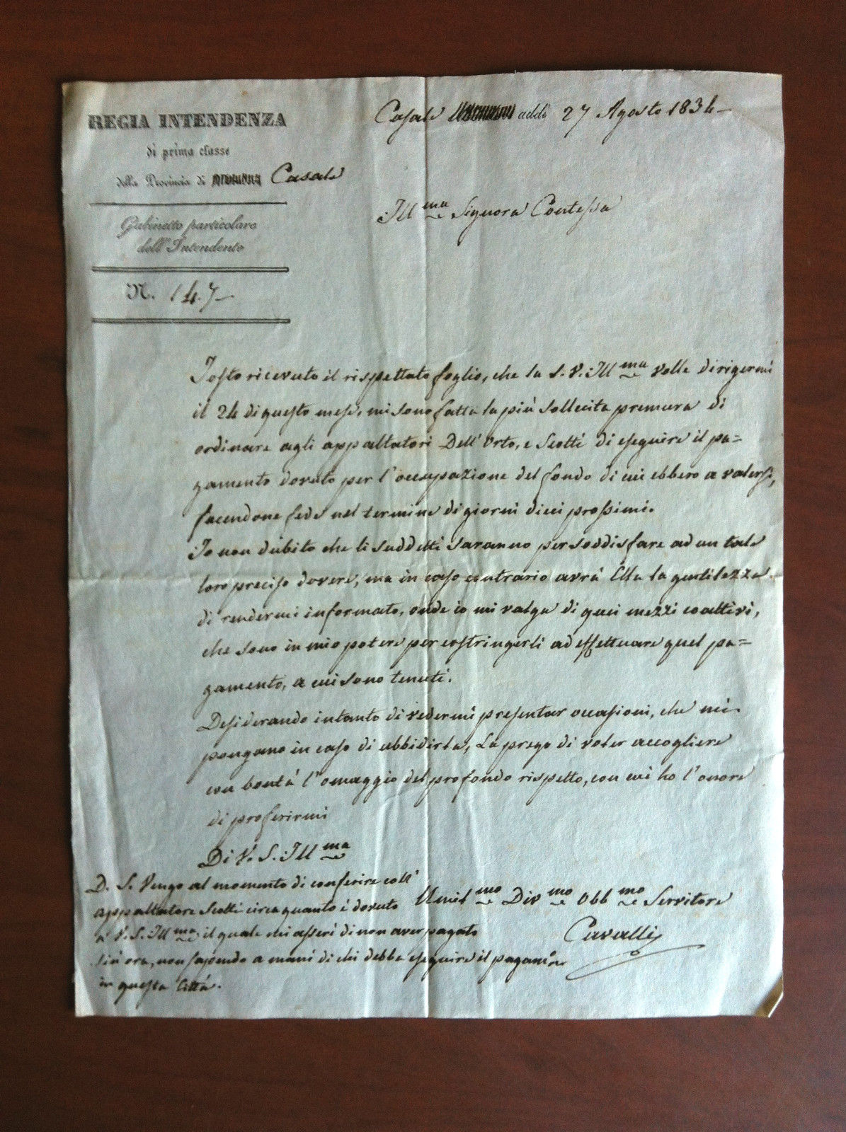 Documento originale 1834 Regia Intendenza Provincia di casale - E11448