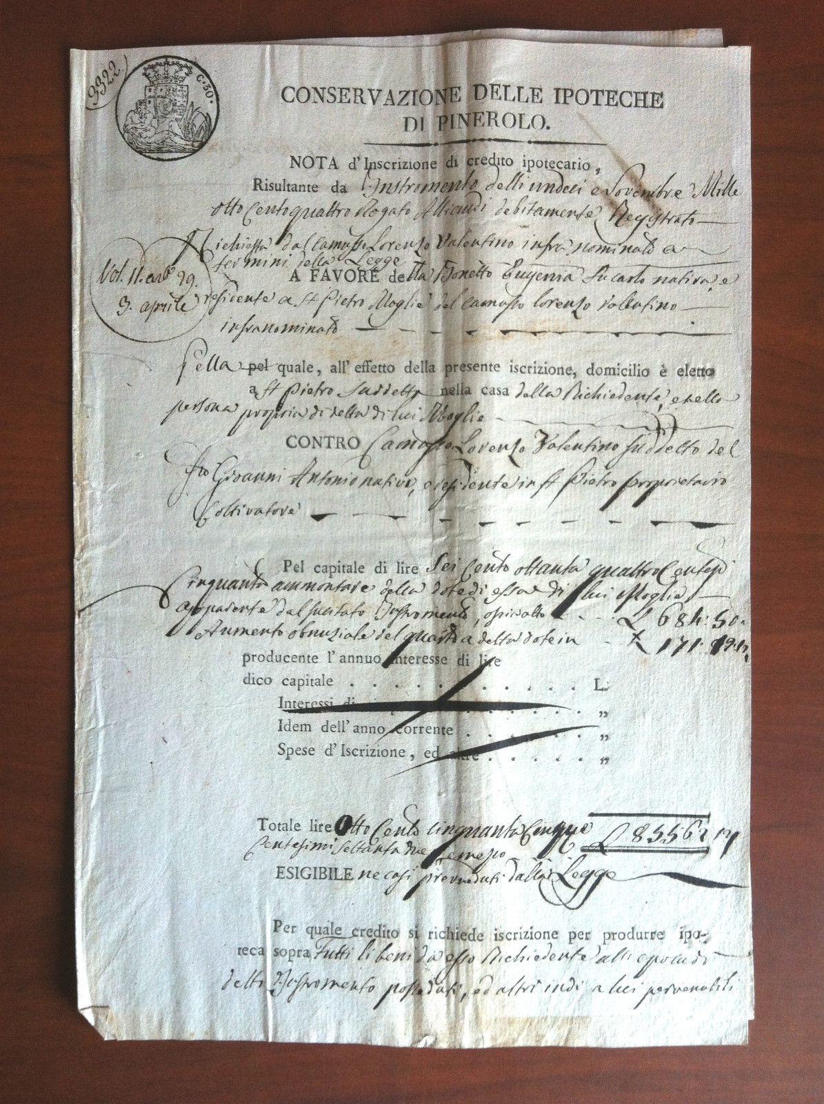 Documento originale 1843 Conservazione Ipoteche Pinerolo - E16433