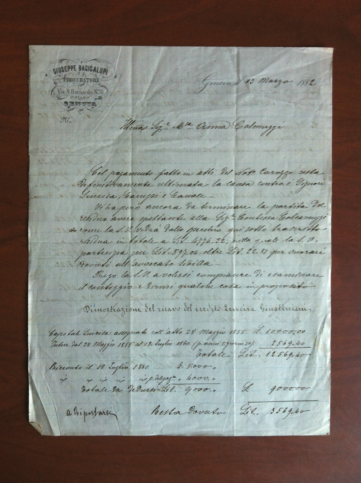Documento originale 1882 Genova Procuratore Giuseppe Bacigalupi - E11446