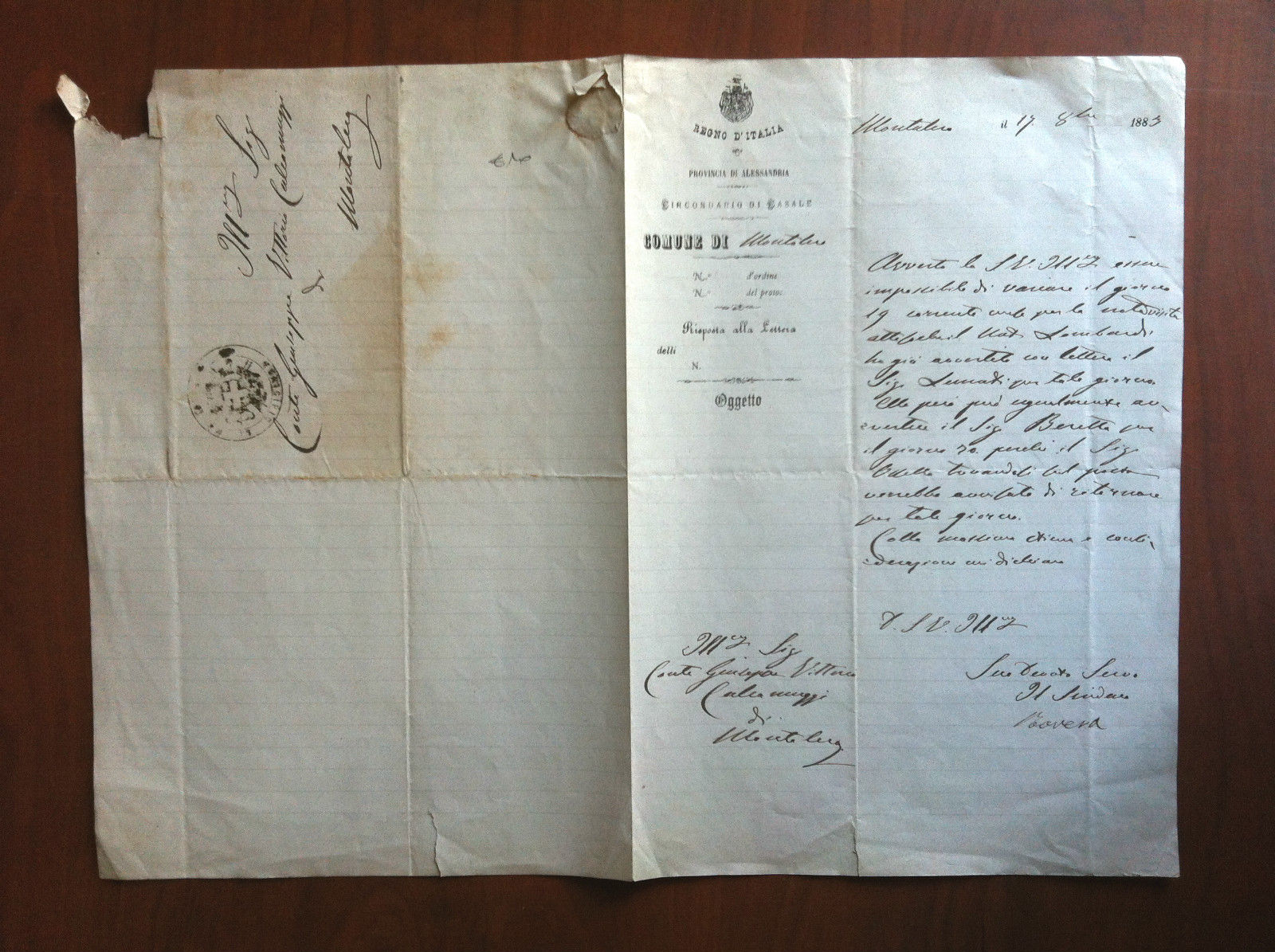 Documento originale 1883 Regno d'Italia Provinci di Alessandria Casale - …