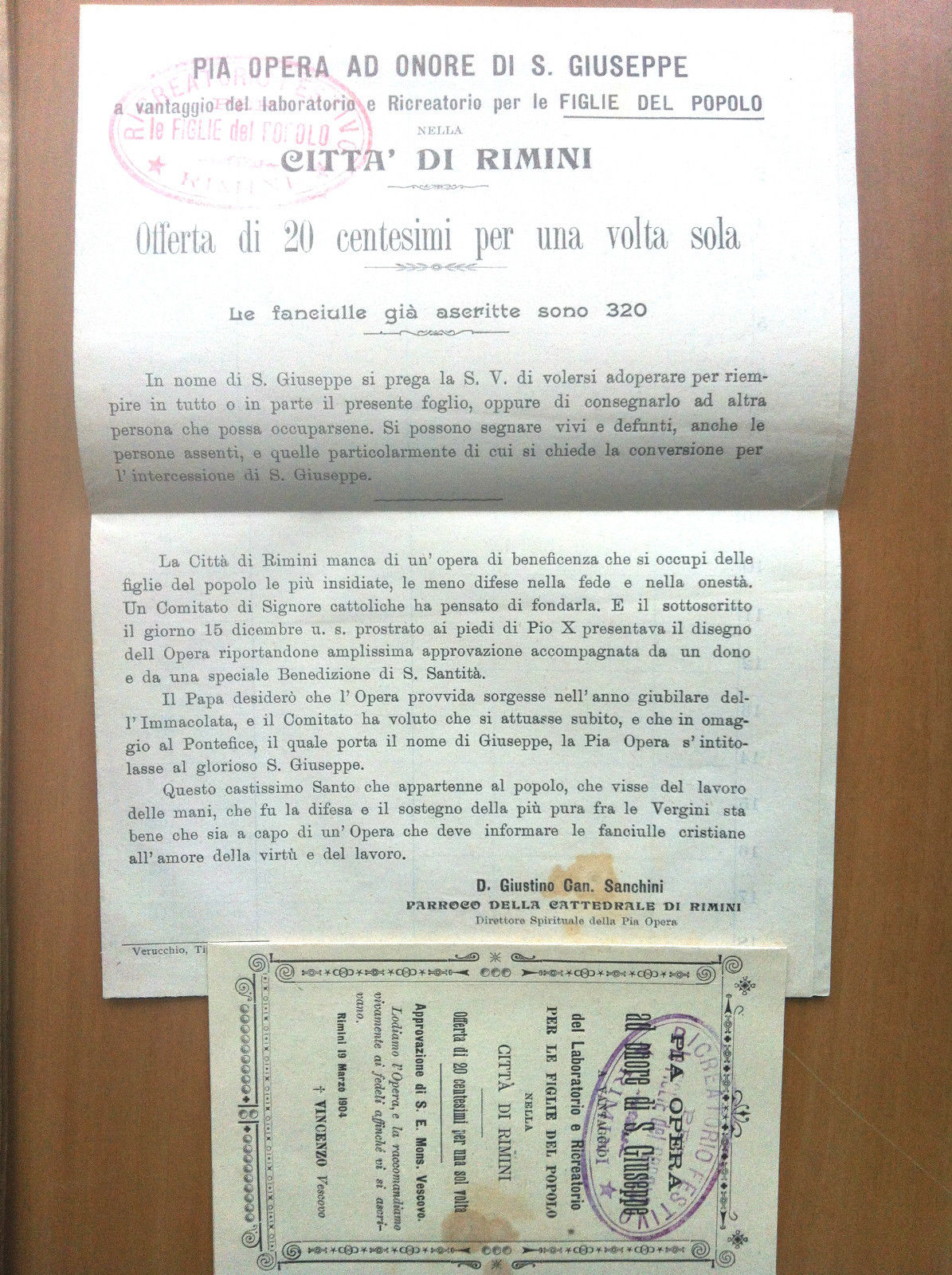 Documento originale donazione pia opera S. Giuseppe e santino Rimini …