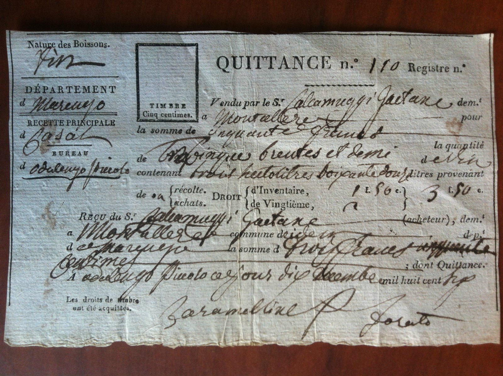 Documento originale inizi '800 Contessa de Montale Département Marengo - …