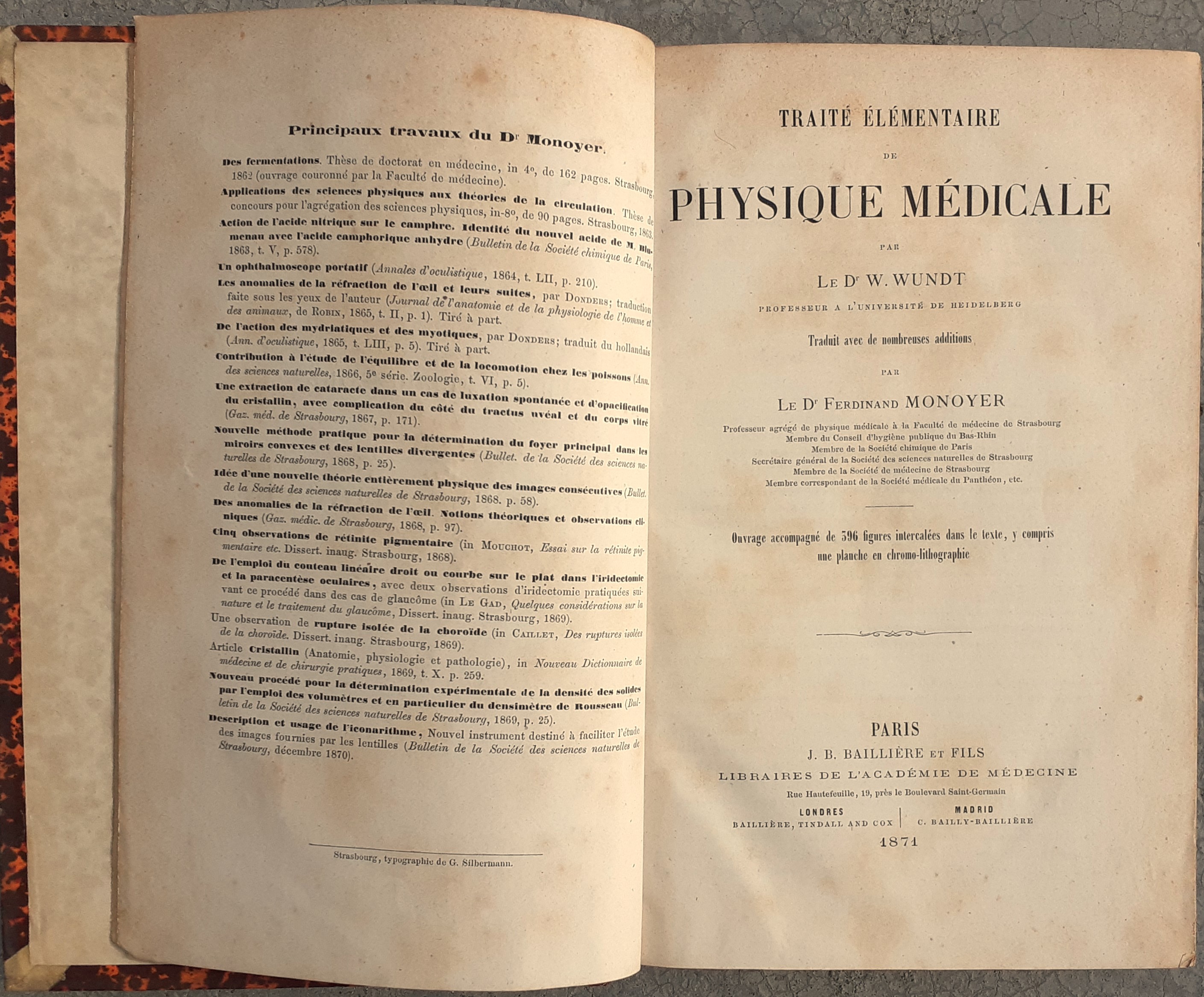 Dr. W. Wundt Traité élémentaire PHYSIQUE Médicale Paris 1871
