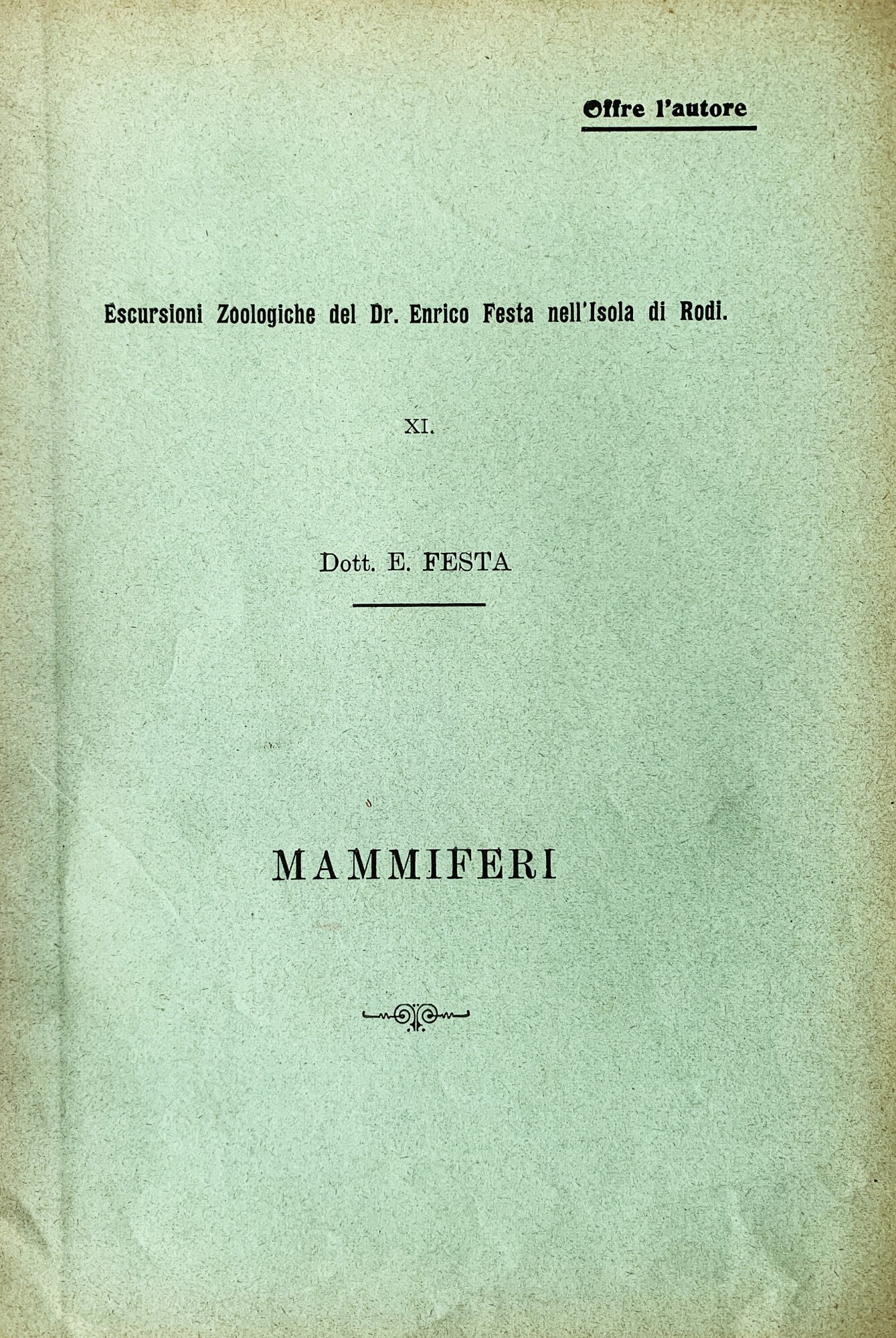 Escursioni Zoologiche del Dr. Enrico Festa nell'Isola di Rodi. XI. …