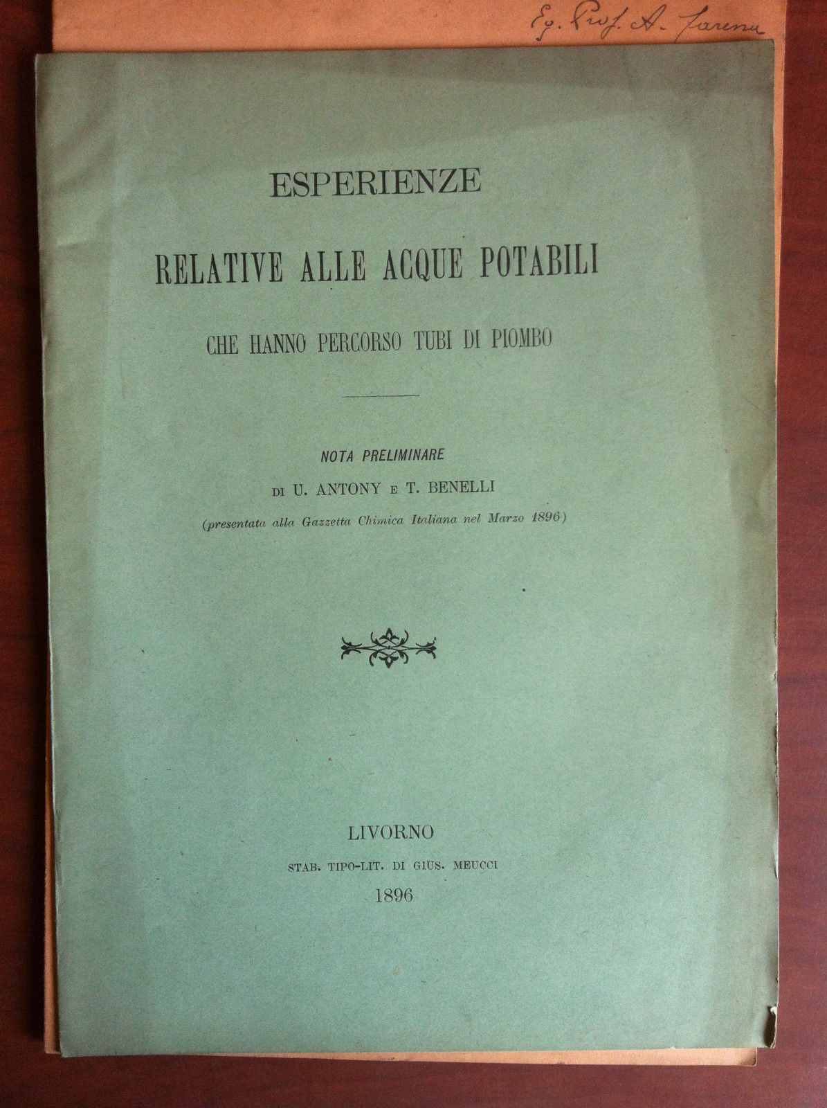 Esperienze relative alle acque potabili U. Antony T. Benelli 1896 …