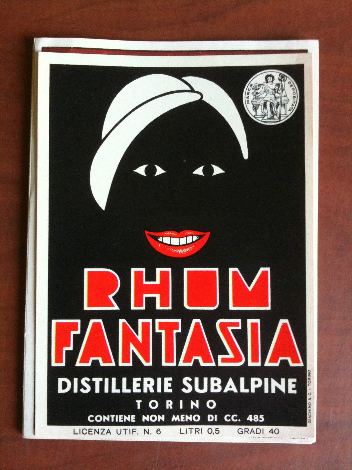 Etichetta liquore cromolitoa Rhum Fantasia Distillerie Subalpine inizi '900