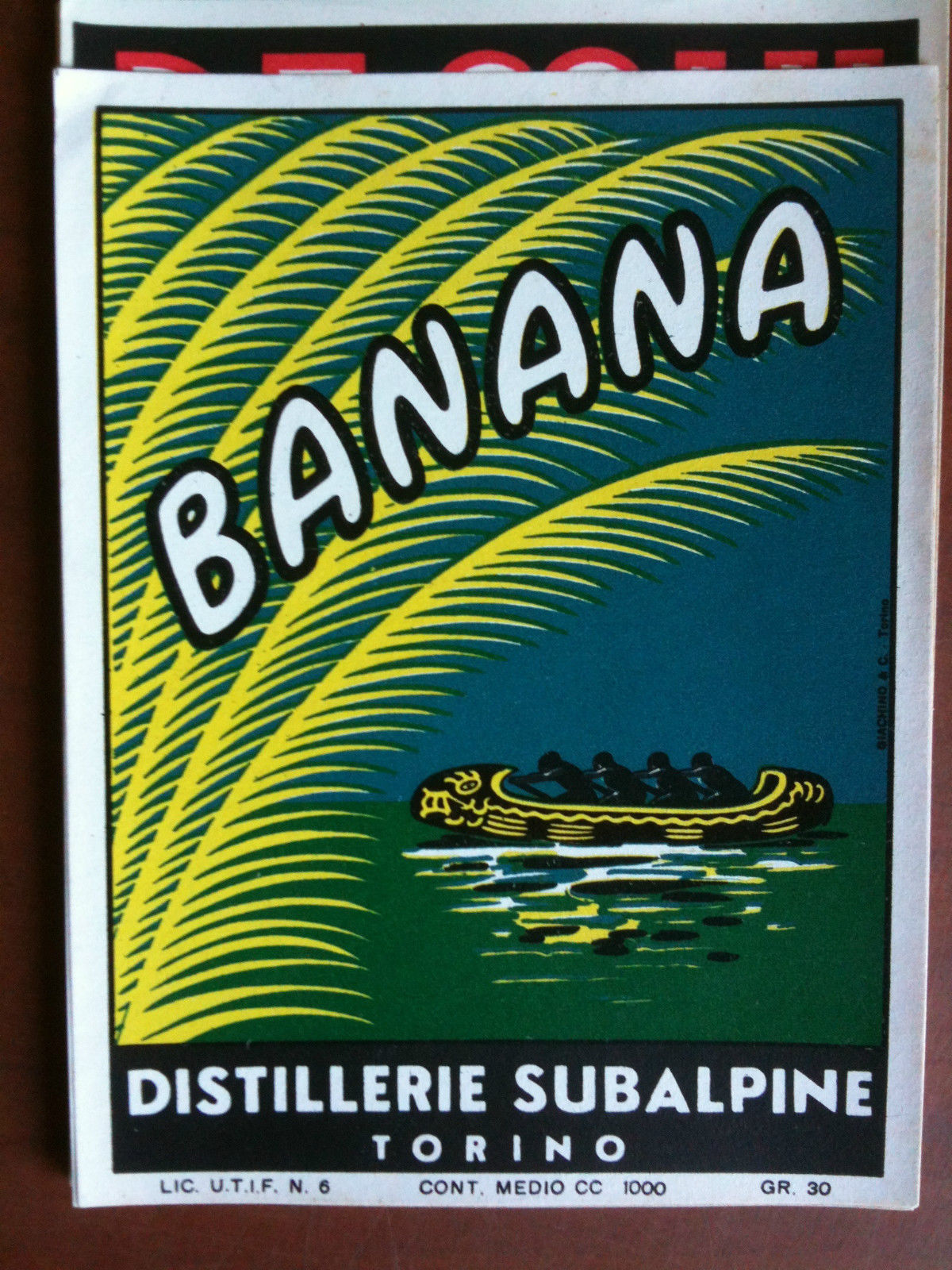 Etichetta liquore cromolitografia BANANA Distillerie Subalpine inizi '900
