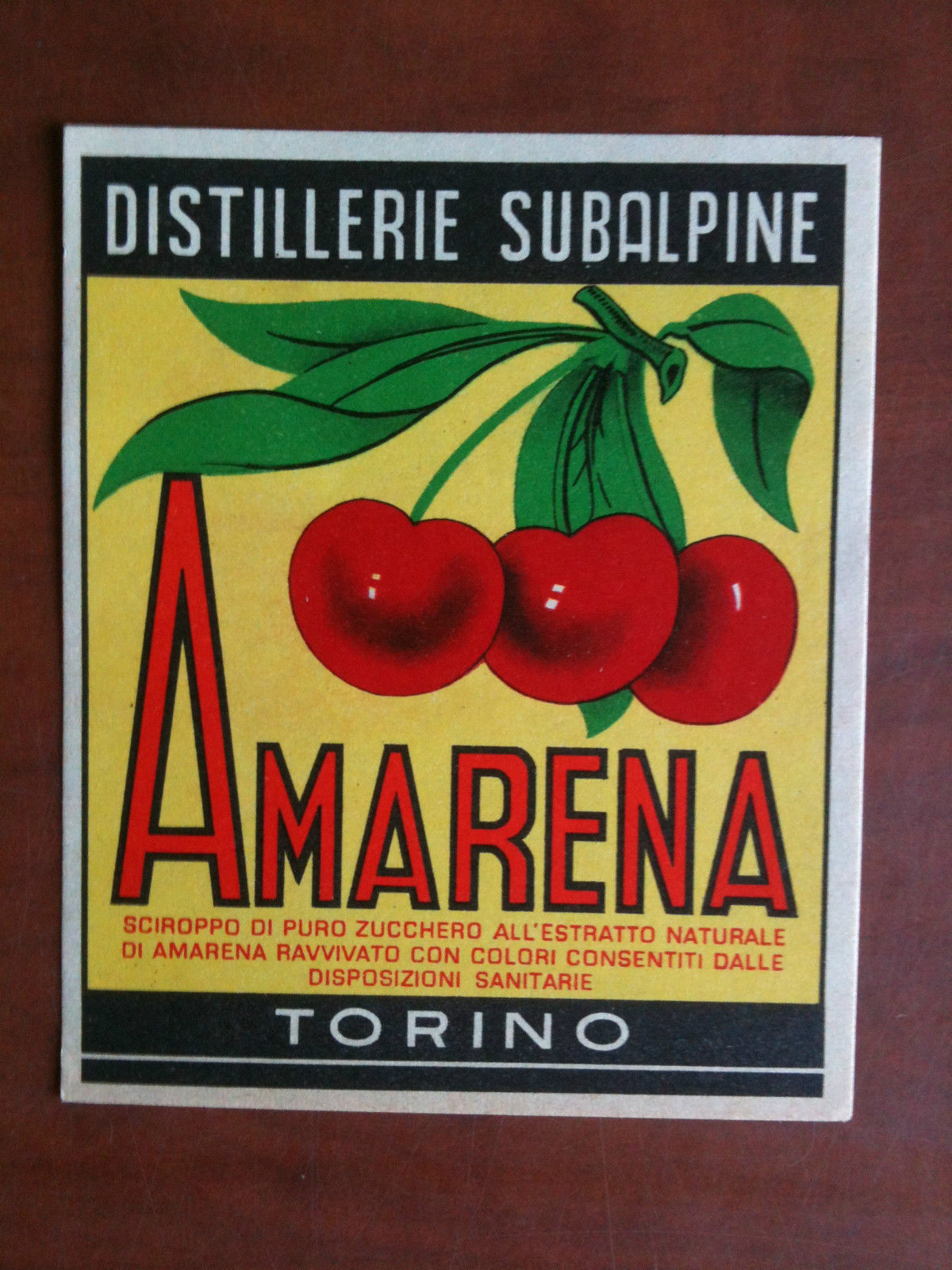 Etichetta liquore cromolitografia Distillerie Subalpine AMARENA inizi '900