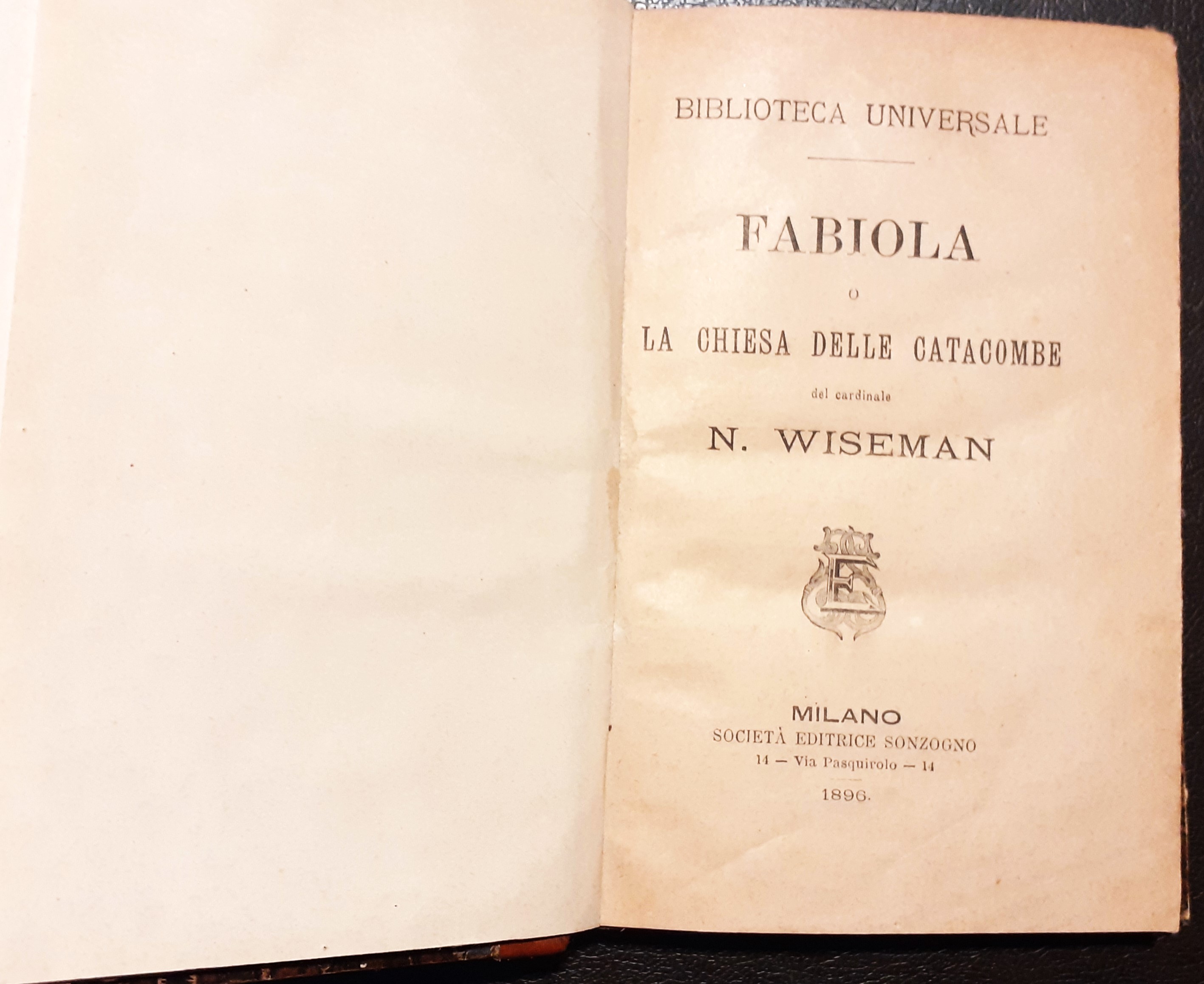 Fabiola La Chiesa delle Catacombe Editrice Sonzogno Milano 1896
