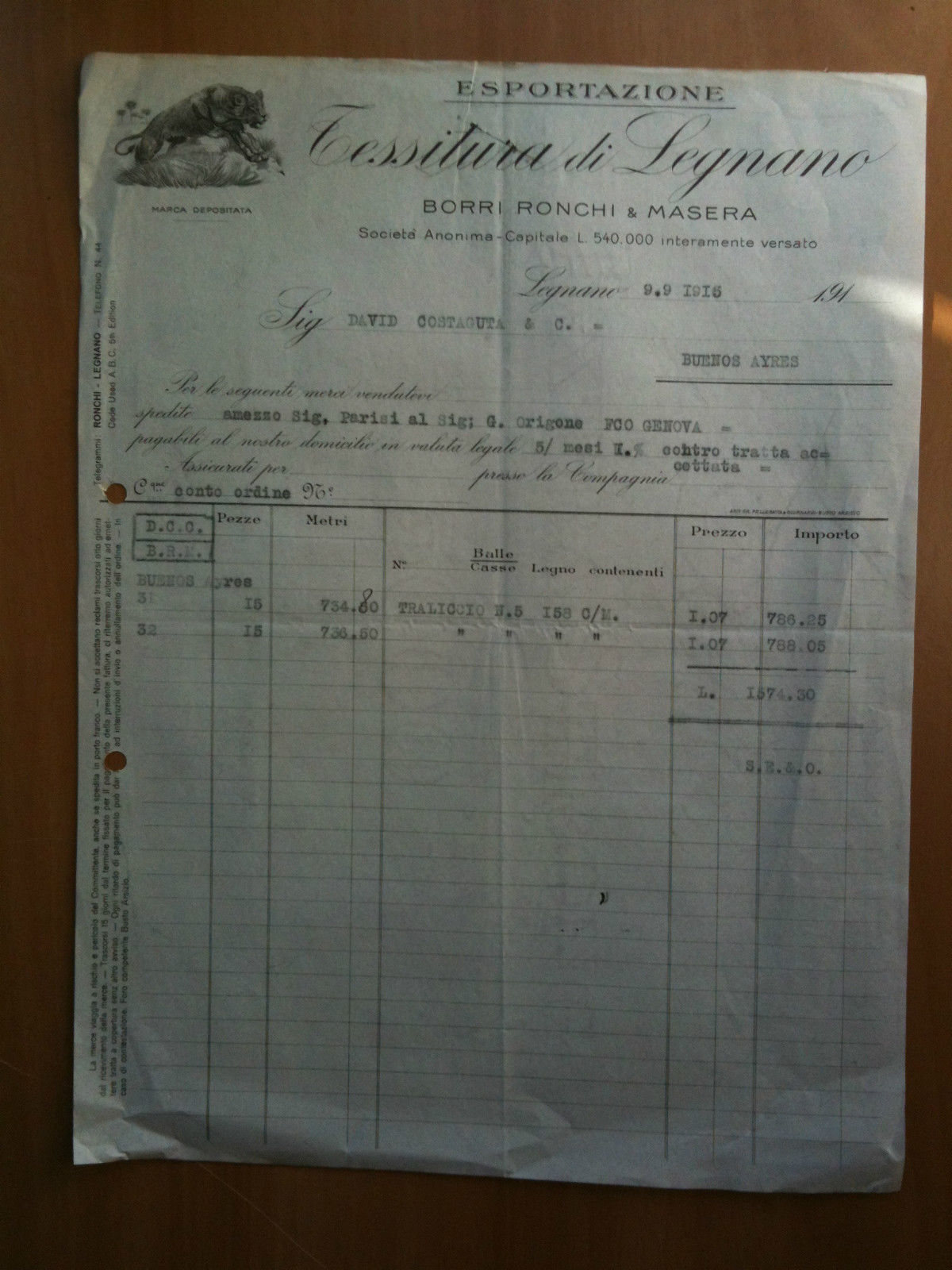 Fattura Commerciale Esportazione Borri Ronchi e Masera Buenos Ayres 1915 …