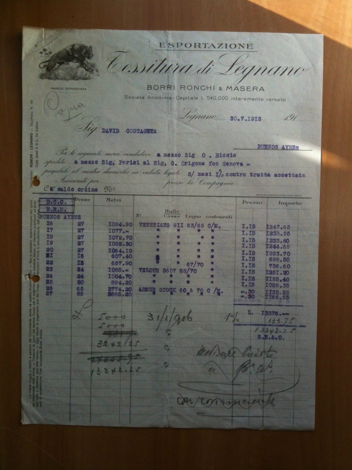 Fattura Commerciale Esportazione Borri Ronchi e Masera Buenos Ayres 1915 …