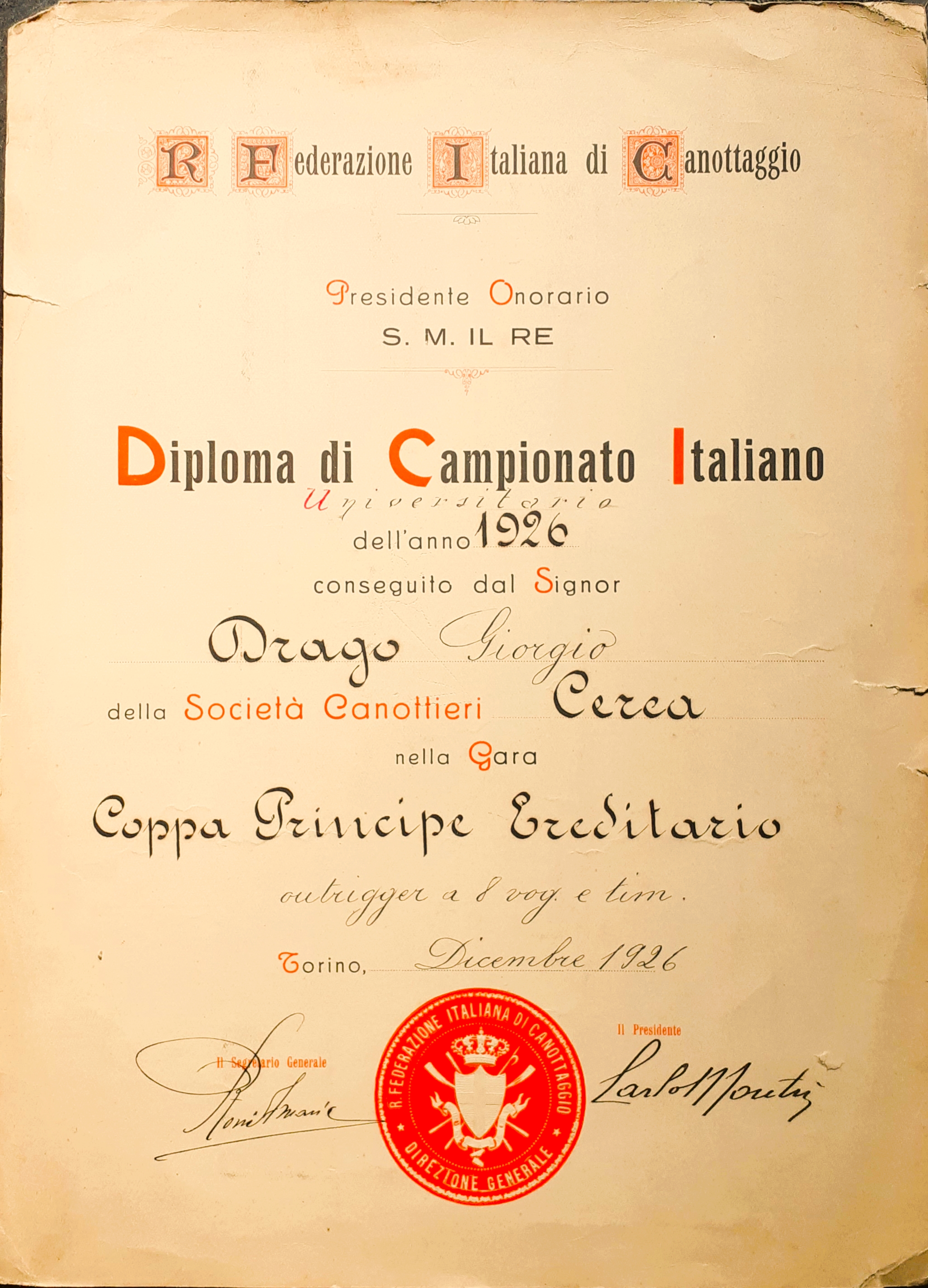 Federazione Italiana di Canottaggio "Diploma di Campionato Italiano" Universitario Torino …