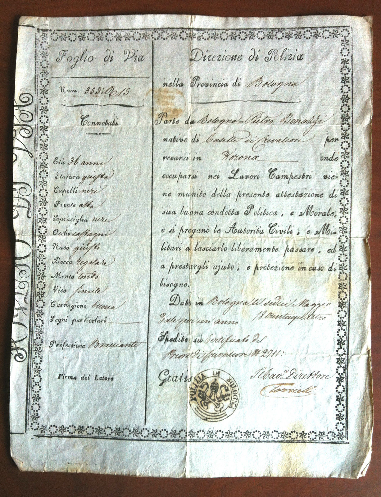 Foglio di Via Direzione Polizia Prov Bologna Comune Trevenzuolo 1834 …