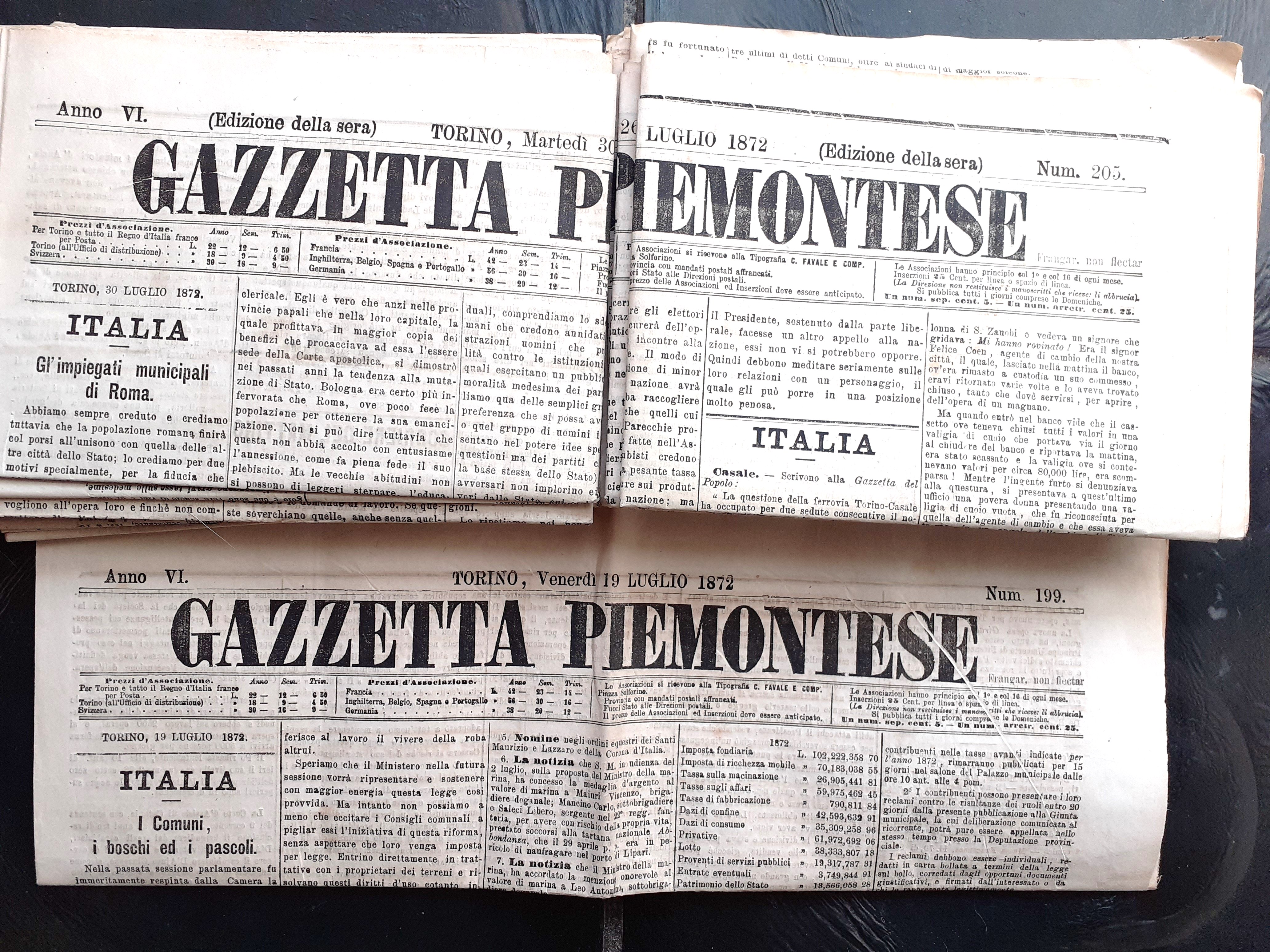 Gazzetta Piemontese 13 numeri del 1872