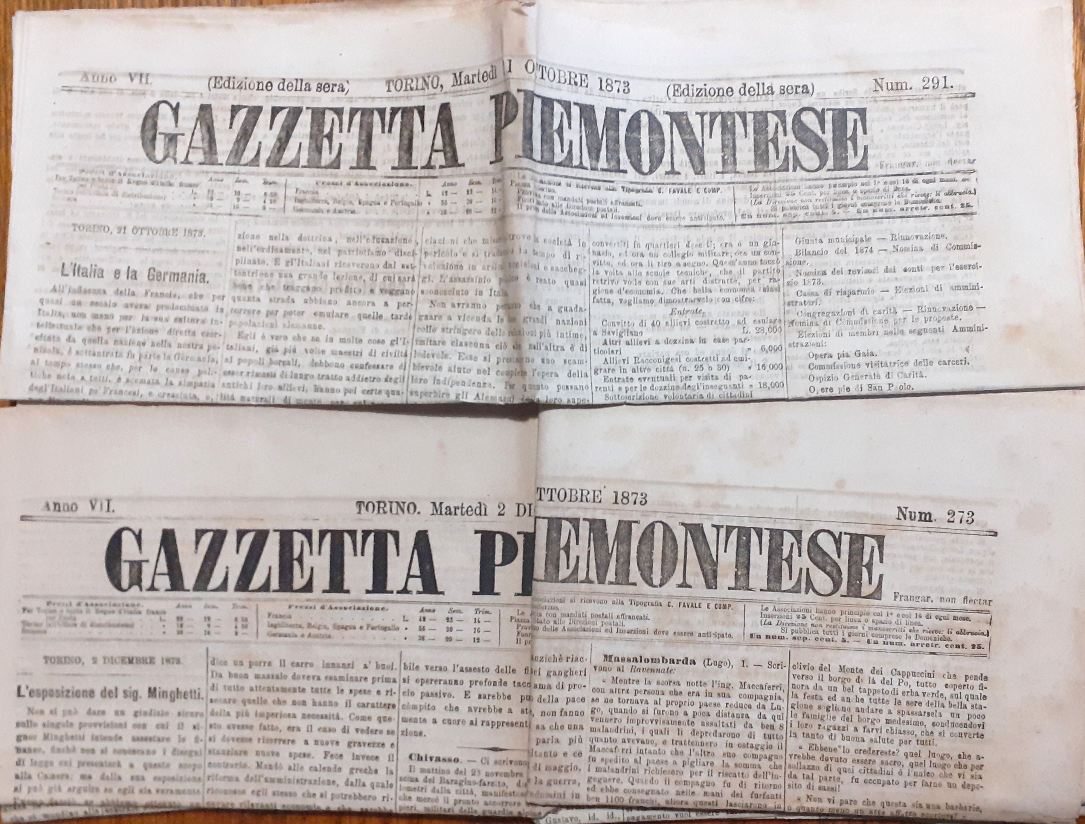 Gazzetta Piemontese quotidiano 7 numeri del 1873
