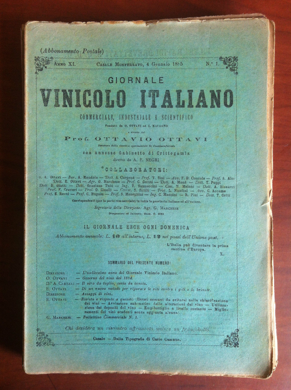 Giornale Vinicolo Italiano Anno XI n^1 Casale Monferrato 4 Gennaio …