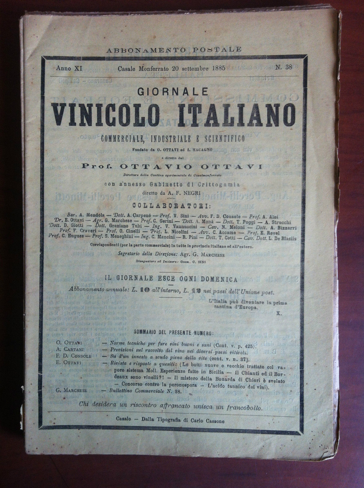 Giornale Vinicolo Italiano Anno XI n^38 Casale M.to 20 Settembre …