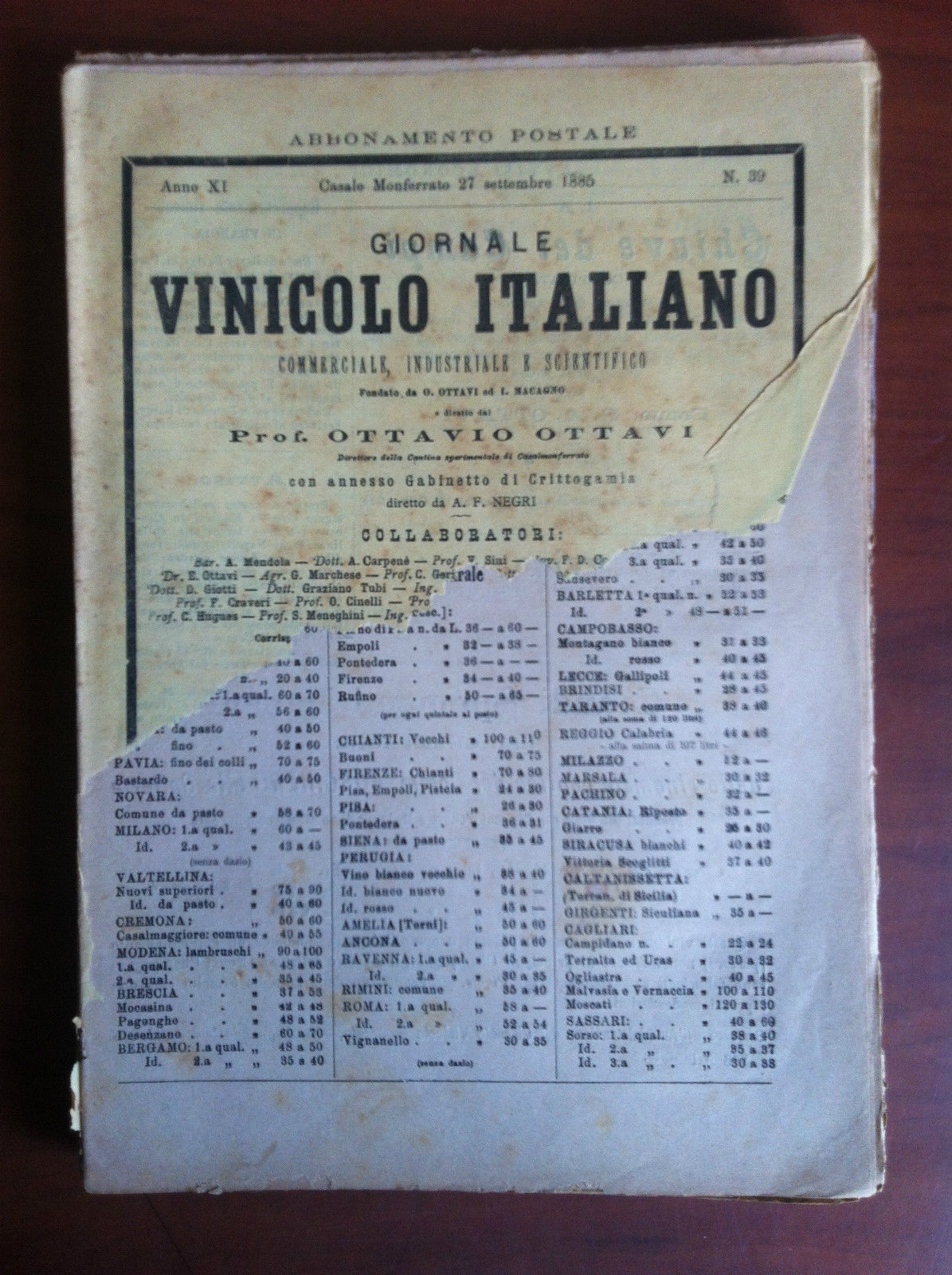 Giornale Vinicolo Italiano Anno XI n^39 Casale M.to 27 Settembre …