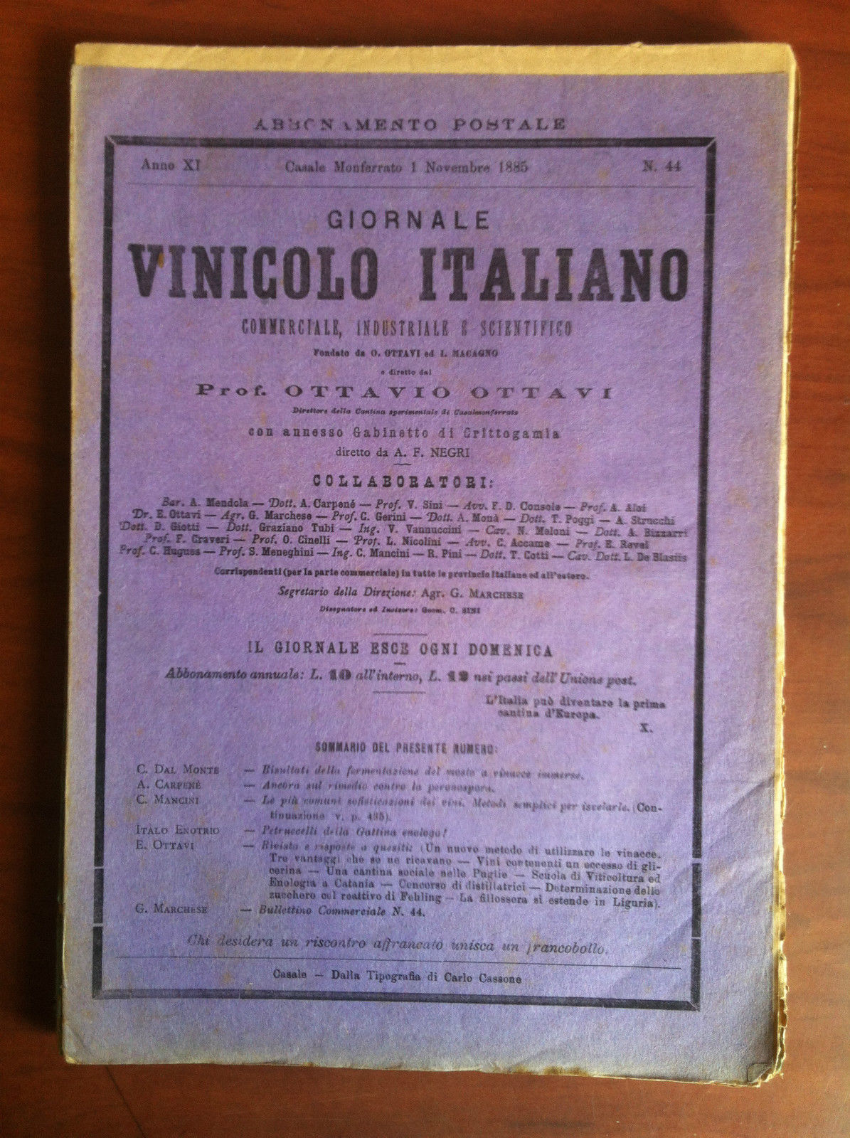 Giornale Vinicolo Italiano Anno XI n^44 Casale M.to 1 Novembre …