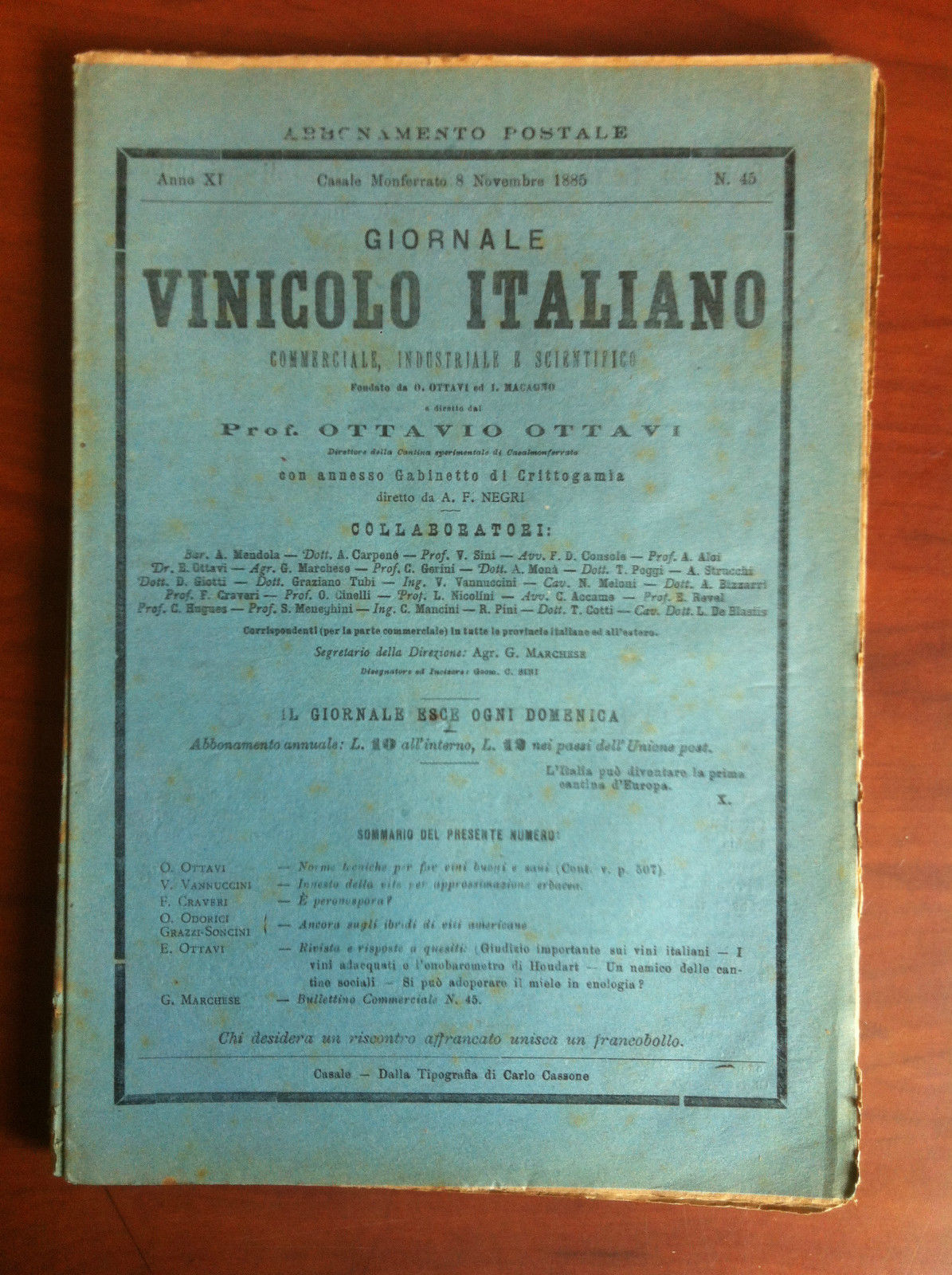 Giornale Vinicolo Italiano Anno XI n^45 Casale M.to 8 Novembre …