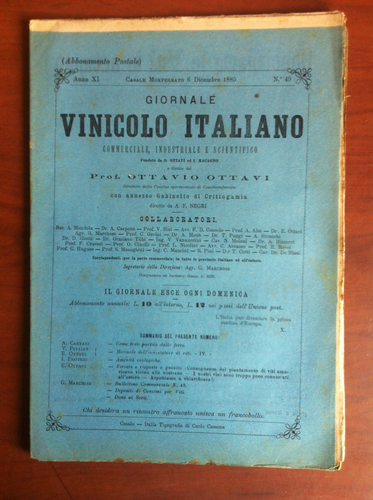 Giornale Vinicolo Italiano Anno XI n^49 Casale M.to 6 Dicembre …