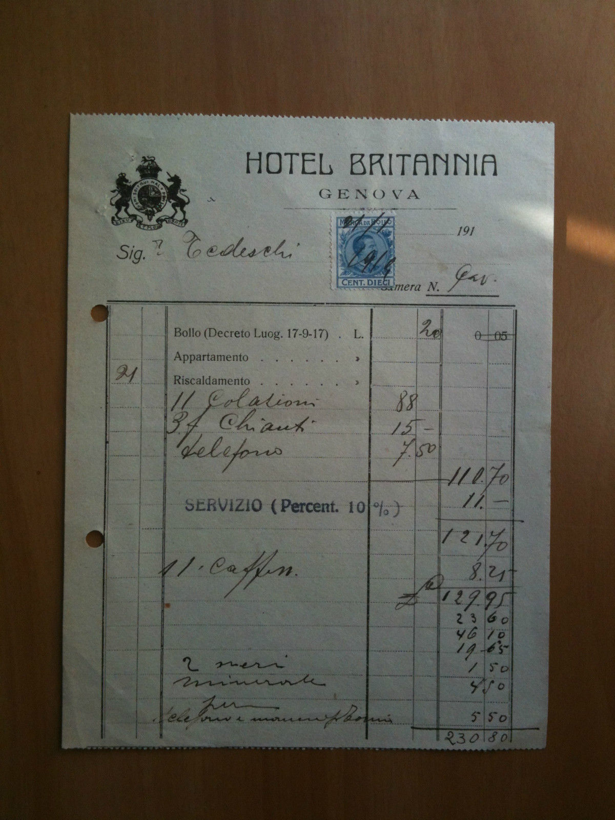 Hotel Britannia Genova Ricevuta 1919