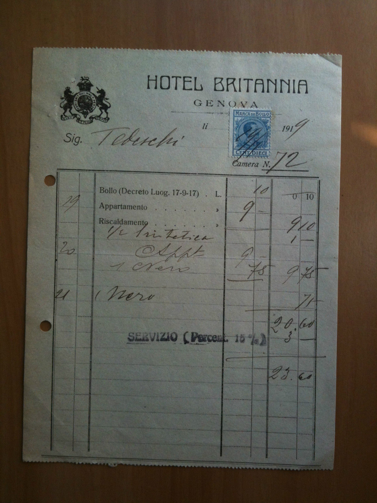 Hotel Britannia Genova Ricevuta 1919