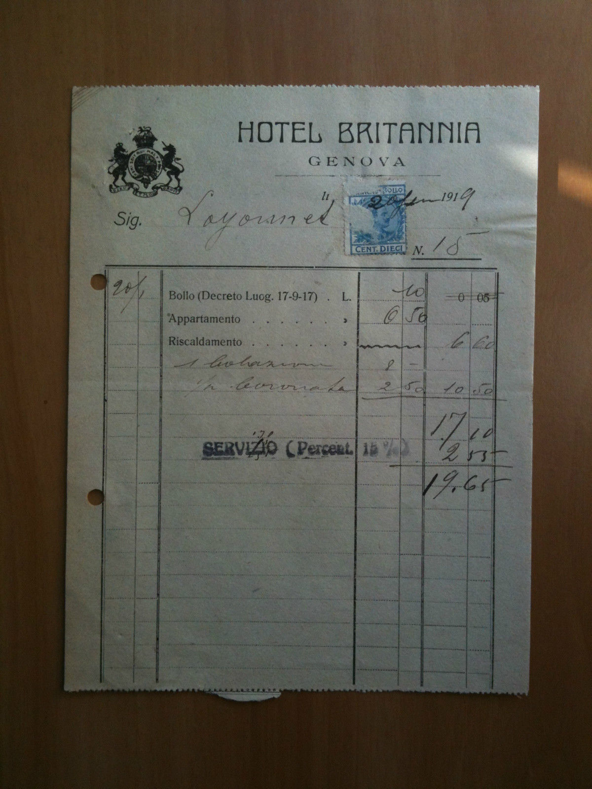 Hotel Britannia Genova Ricevuta 1919