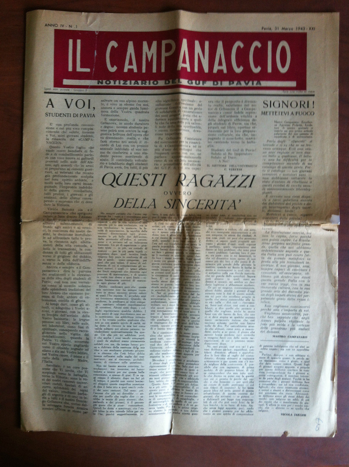 Il Campanaccio Anno IV n^ 1 PAvia 31 Marzo 1943 …
