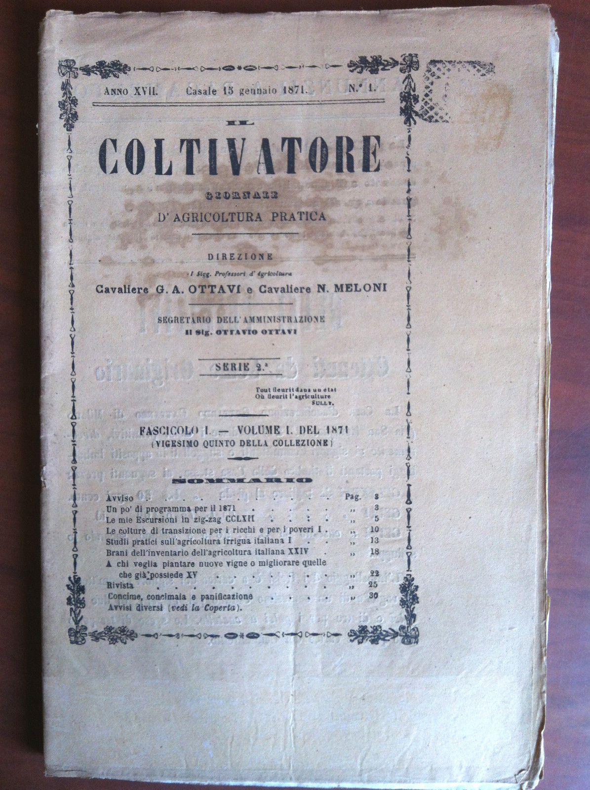 Il Coltivatore Anno XVIII Casale 13 Gennaio 1871 n^ 1 …