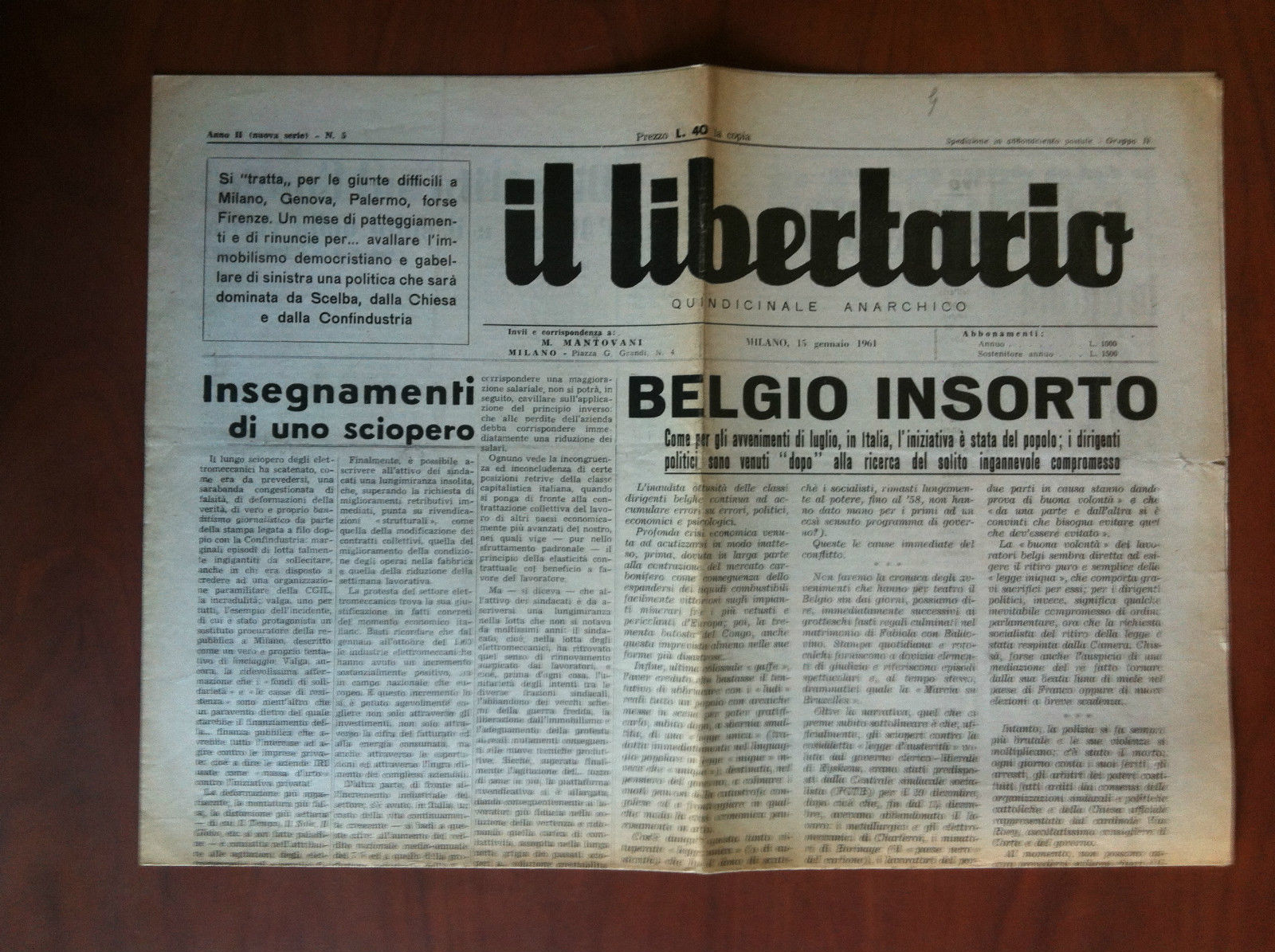 Il libertario Anno II n^ 5 - 15 Gennaio 1961 …