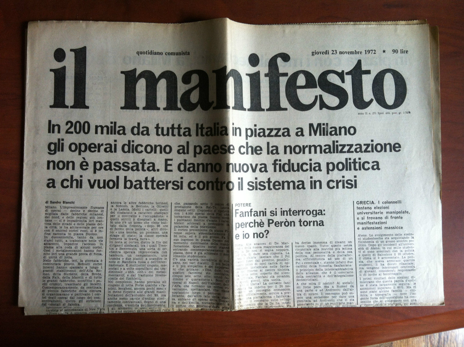 Il Manifesto anno II n^ 271 Giovedì 23 Novembre 1972 …