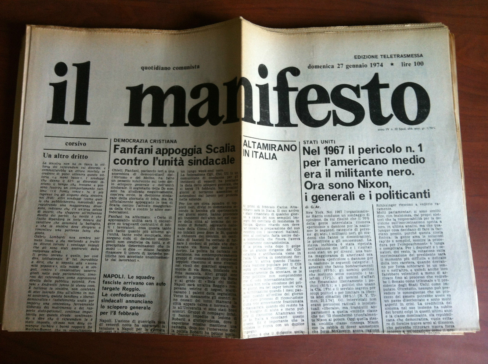 Il Manifesto anno IV n^ 22 Domenica 27 Gennaio 1974 …