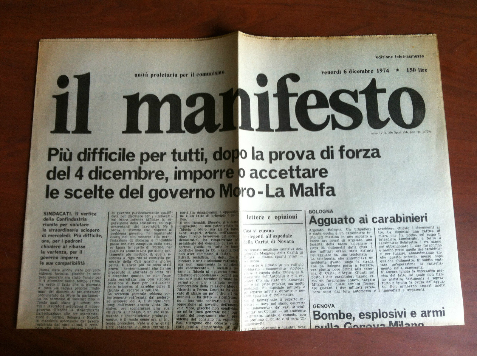 Il Manifesto anno IV n^ 276 Venerdì 6 Dicembre 1974 …