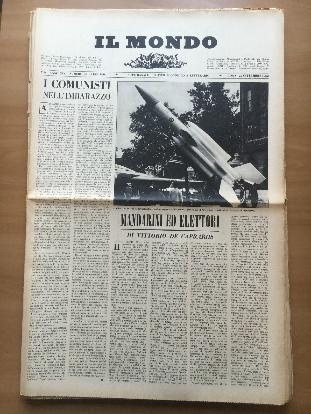 Il Mondo diretto da Mario Pannunzio 710 Anno XIV n^ …