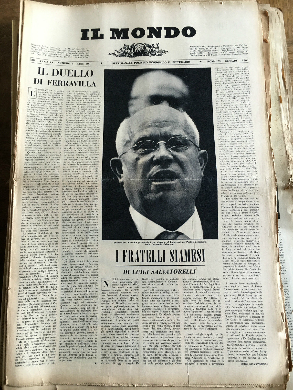 Il Mondo diretto da Mario Pannunzio 728 Anno XV n^ …